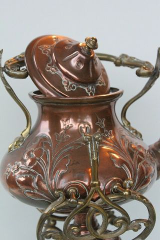 Art nouveau French brass copper spirit tea pot kettle on stand. 9