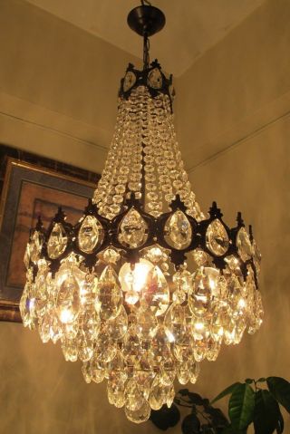 Antique Vnt.  Big French Basket Style Crystal Chandelier Lamp Light 1940 