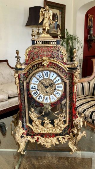 Mid Century French Bronze Louis Xv Style Boulle Inlay Large Mantle Clock