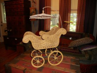 Faux Repo Wicker Baby Doll Carriage Stroller With Cutwork Canopy/ Top