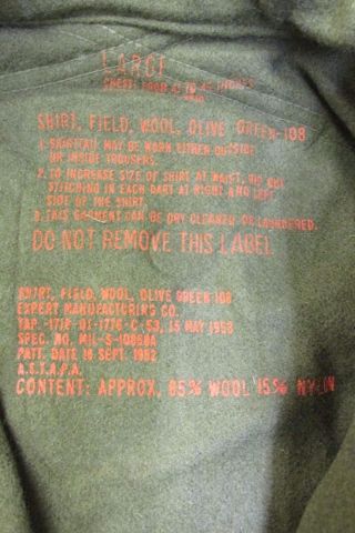 US Korean War Era OG Olive Green 108 Wool Field Shirt M1952 NOS 1953 Dated Large 3