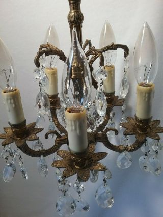 Vintage Very Petite Chandelier Brass Crystal 10.  5 " Wide 5 Lights 5 Arms Euc