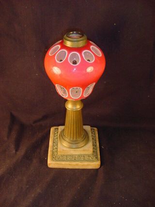 C.  1860 ' S SANDWICH CUT DOUBLE OVERLAY OIL LAMP PINK TO WHITE TO CLEAR 3