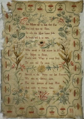 Mid/late 18th Century Verse In A Floral Framework Sampler Initialled Eb - 1775