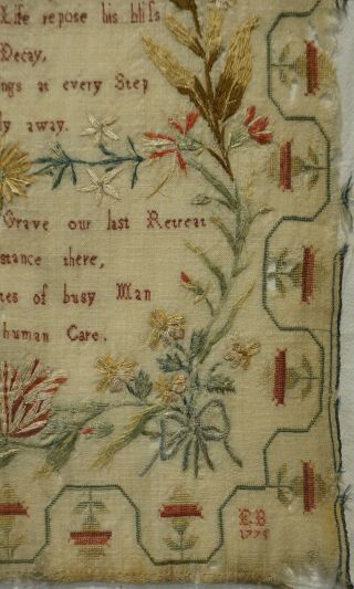 MID/LATE 18TH CENTURY VERSE IN A FLORAL FRAMEWORK SAMPLER INITIALLED EB - 1775 7