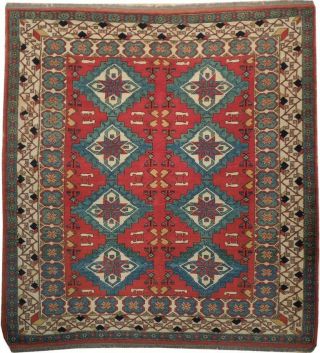 Square Red All - Over Geometric Kazak Soft Wool Handmade Rug 6x6 Rug