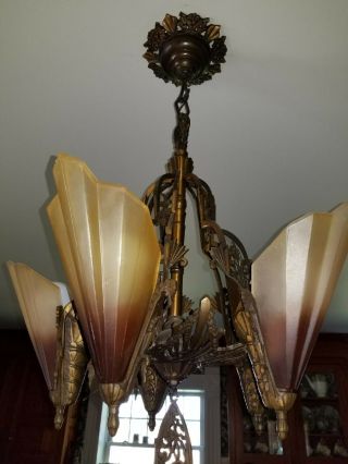 Antique Midwest Art Deco Solid Bronze Chandelier W/ Brown Tip Slip Shade Shades