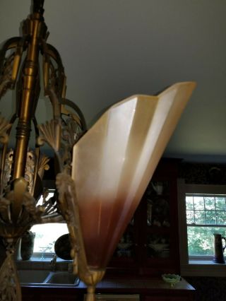 Antique Midwest Art Deco Solid Bronze Chandelier w/ Brown Tip Slip shade shades 3