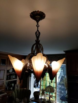 Antique Midwest Art Deco Solid Bronze Chandelier w/ Brown Tip Slip shade shades 6