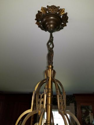 Antique Midwest Art Deco Solid Bronze Chandelier w/ Brown Tip Slip shade shades 7