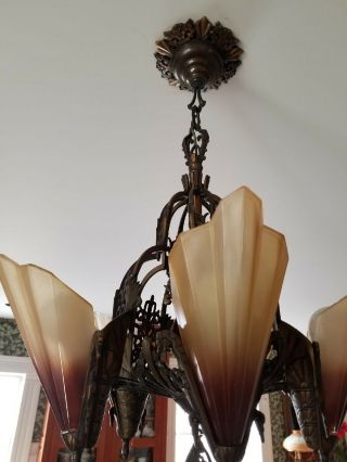 Antique Midwest Art Deco Solid Bronze Chandelier w/ Brown Tip Slip shade shades 9