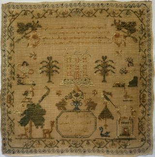 EARLY 19TH CENTURY HOUSE,  MOTIF & VERSE SAMPLER BY ISABELLA DILWORTH AGE 10 1830 11