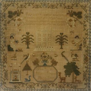 EARLY 19TH CENTURY HOUSE,  MOTIF & VERSE SAMPLER BY ISABELLA DILWORTH AGE 10 1830 12