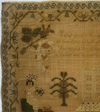 EARLY 19TH CENTURY HOUSE,  MOTIF & VERSE SAMPLER BY ISABELLA DILWORTH AGE 10 1830 4