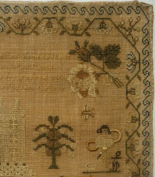EARLY 19TH CENTURY HOUSE,  MOTIF & VERSE SAMPLER BY ISABELLA DILWORTH AGE 10 1830 5