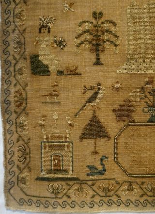 EARLY 19TH CENTURY HOUSE,  MOTIF & VERSE SAMPLER BY ISABELLA DILWORTH AGE 10 1830 6