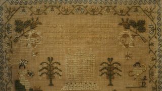 EARLY 19TH CENTURY HOUSE,  MOTIF & VERSE SAMPLER BY ISABELLA DILWORTH AGE 10 1830 9