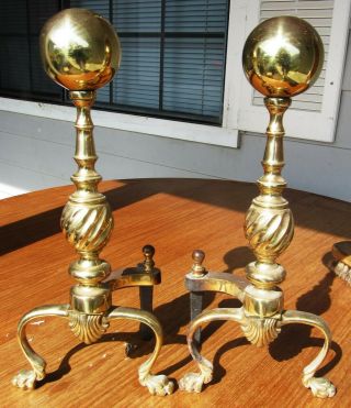 Gorgeous Vintage Antique Brass Fireplace Andirons W/ Cannon Ball Top Claw Feet
