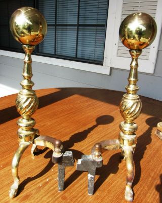 gorgeous Vintage Antique Brass Fireplace Andirons W/ Cannon Ball Top Claw Feet 2