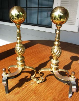 gorgeous Vintage Antique Brass Fireplace Andirons W/ Cannon Ball Top Claw Feet 3