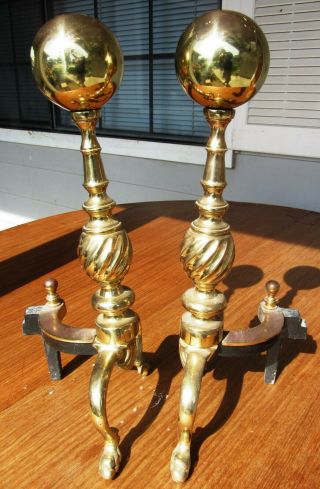 gorgeous Vintage Antique Brass Fireplace Andirons W/ Cannon Ball Top Claw Feet 4