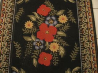 Antique Vintage Cottage Hooked Needlepoint Area Rug Black With Floral 4