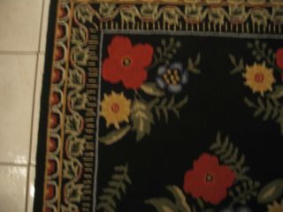 Antique Vintage Cottage Hooked Needlepoint Area Rug Black With Floral 5