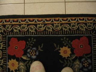 Antique Vintage Cottage Hooked Needlepoint Area Rug Black With Floral 6