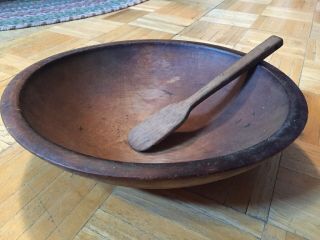 18th To Early 19th Century Dry Surface Maple Wood Bowl W Stir Stick Country Prim
