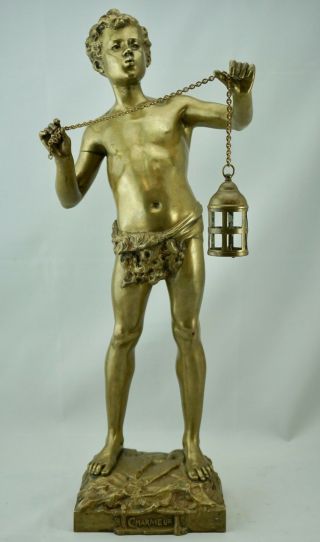 Adolphe Jean Lavergne 20” Gilt Bronze Figure Of A Boy With Lantern