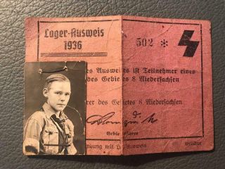 Very Rare 1943 Early German Wwii Dj Deutsche Jungvolk Document " Lager Ausweis "