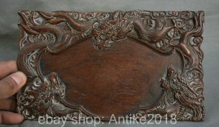 8.  8 " Old China Huanghuali Wood Hand Carved Dynasty Dragon Loong Inkstone Inkslab