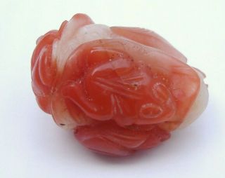 Chinese Antique Small Stone Pendant,  Red Agate,  Carved Images Fish Dragon,  Frogs