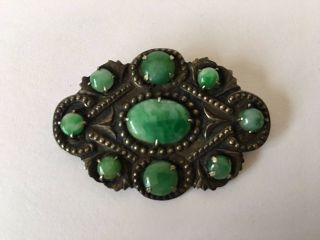 Chinese Antique Early 20th Century Jadeite & Sterling Silver Pin,  China Marked