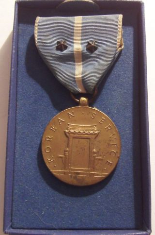 Vintage 1955 U.  S.  Korean Service Military Medal & 2 Battle Stars Maco Mfg