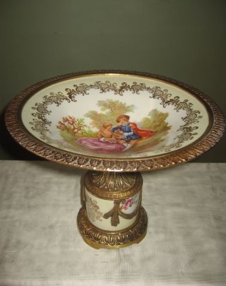 Antique French Sevres Style Bronze Mounted Pedestal Porcelain Compote