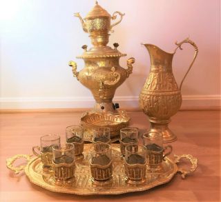 Electric Antique Persian Gold Plated 7 Piece Samovar And Tea Set - Serving 8