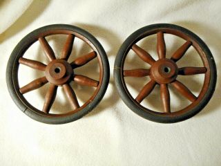 2 Vintage Wood Spoke Wheels - Rubber Rimmed - Cart Wheels - Rustic Garden Art