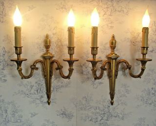 Stunning Pair Large French Antique Neoclassical Bronze Double Wall Sconces 1217