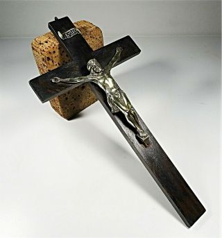 Antique 19th Century Wood Cross Crucifix Bronze Jesus Christ Corpus Wall Hanging