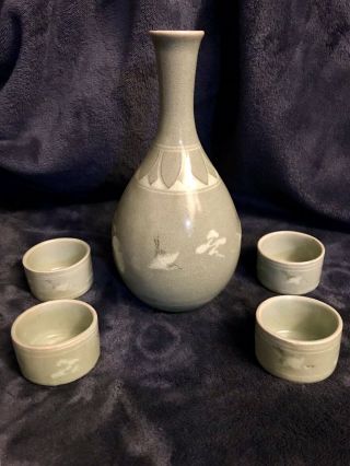 Korean Porcelain Celadon Sake Set By National Treasure Yu Hegan (1894 - 1993)