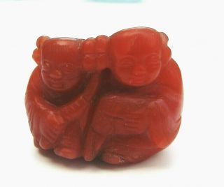 Chinese Antique Small Stone Pendant,  Carved Red Agate,  Image Of Two Children