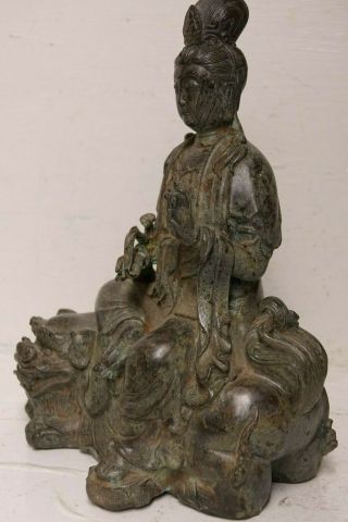 LARGE SEATED BRONZE OF GUANYIN SAT ON FOO DOG - 2 SEAL MARKS RARE 10