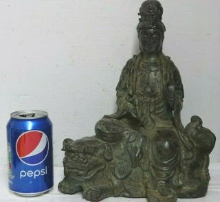 LARGE SEATED BRONZE OF GUANYIN SAT ON FOO DOG - 2 SEAL MARKS RARE 12