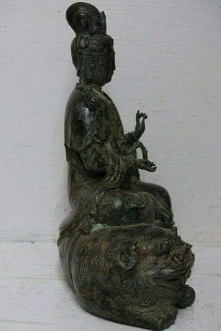 LARGE SEATED BRONZE OF GUANYIN SAT ON FOO DOG - 2 SEAL MARKS RARE 5