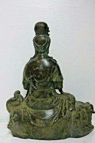 LARGE SEATED BRONZE OF GUANYIN SAT ON FOO DOG - 2 SEAL MARKS RARE 6