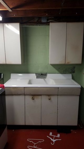 antique farm sink and cabinets Brand is American central has minor wear 2