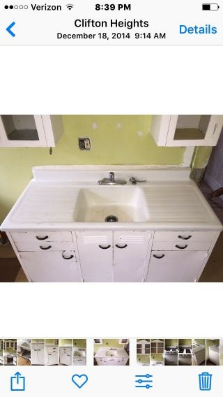 Vintage Antique White Enamel Cast Iron Kitchen Sink With Metal Cabinet