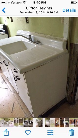 Vintage Antique White Enamel Cast Iron Kitchen Sink with metal cabinet 2