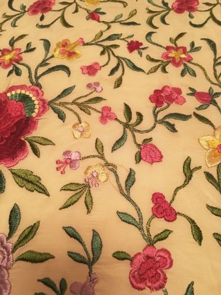 Antique Ivory Silk Floral Embroidered Manton de Manila Piano Shawl Vintage 11